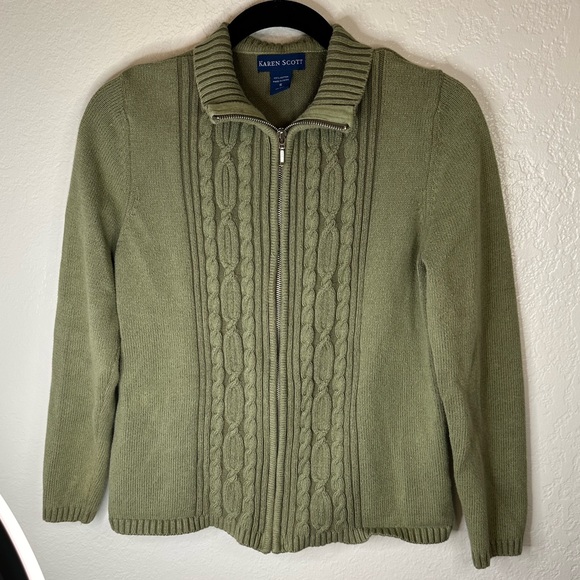 Karen Scott - Cable Knit Sweater Green Small Zip Up - Picture 2 of 5